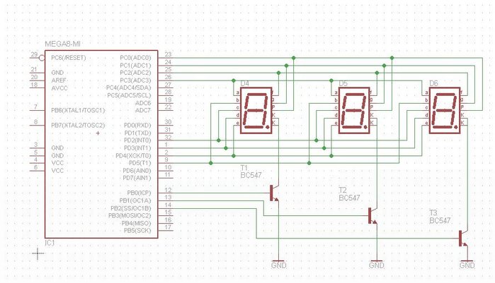 Ursprünglich geplante verkabelung. (in echt kein ATmega8, sonderm tiny 2313) Vorschaltung für den µC fehlt auch, die Schaltung soll nur die Verkabelung der eigentliche Anzeigen darstellen. Pinbelegung ist auch nur Beispielhaft.