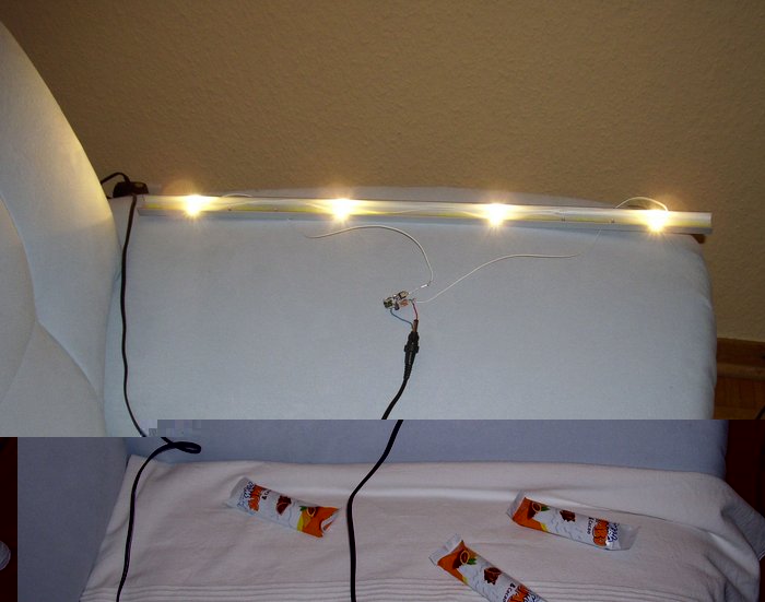 DSCI0041_cut.jpg (487.24 KiB) 30117 mal betrachtet LED-Leiste testweise auf dem Sofa, mit den Schoko-Riegeln habe ich 3 der 4 LEDs über eine Stunde lang abgedeckt --- sie sind nicht geschmolzen, nichtmal weich geworden, das Alu-U-profil erreicht nichtmal Körpertemperatur (350 mA durch die LEDs, alle 20 cm eine LED, U-Profil 20mm breit, Kanten 10 mm, Stärke 2 mm